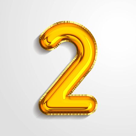 Gold metallic helium alphabet balloon foil number 2 two realistic 3d render air balloon. Collection of golden balloon number set Vector illustration.のイラスト素材
