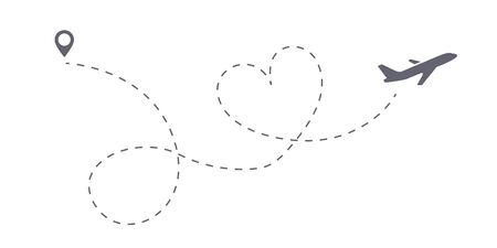 Love trip airplane route icon. Honeymoon Romantic travel symbol, heart dashed line trace. Simple hearted airplane path, flight air dotted love valentine day drawing isolated vector.のイラスト素材