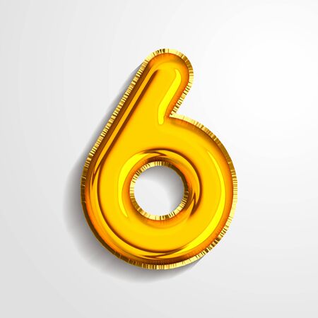Gold metallic helium alphabet balloon foil number 6 six realistic 3d render air balloon. Collection of golden balloon number set Vector illustration.のイラスト素材