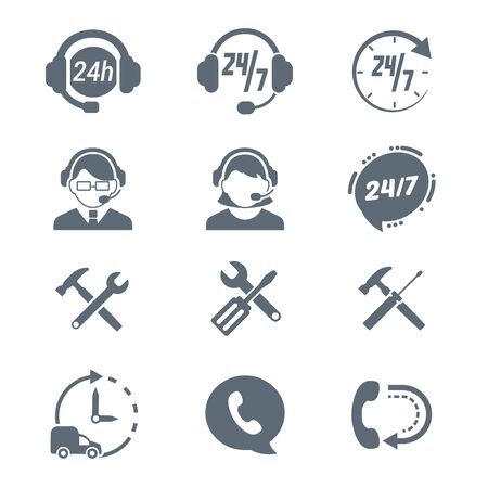 Set of support assistance icons . High quality outline assist headphones, call center, phone, 24 hours online support symbols for web site design and mobile apps. Vector illustrationのイラスト素材