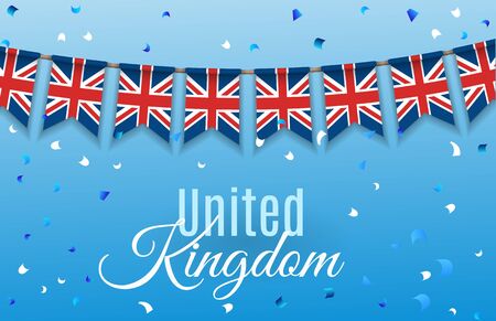 Colorful flag garlands of Great Britain, United Kingdom with confetti on blue background. Festive background for national, formal and informal holidays in the UK. Vector illustration. EPS 10.のイラスト素材