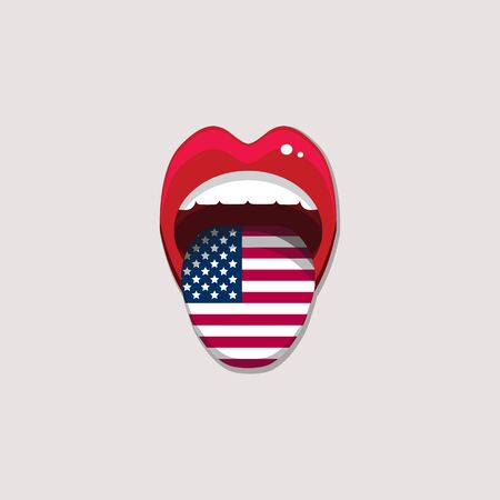 Learning languages concept. Learning English american language. Open mouth with flag of USA. English language tongue open mouth with flag of America. Vector illustration. EPS 10のイラスト素材