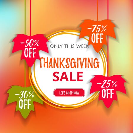 Autumn Thanksgiving sale poster of discount promo web banner for fall seasonal shopping with hanging maple leaf. Vector fall leaf sale tags for Shop market poster design. Offer template advertising.のイラスト素材