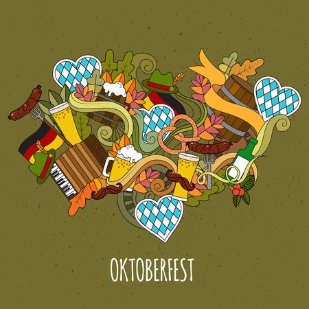 Oktoberfest Cartoon vector hand-drawn Doodle on the subject of beer fest autumn symbols, food and drinks seamless pattern. Color backgrounddoodle posterのイラスト素材