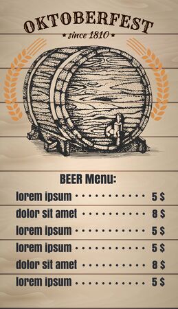Oktoberfest typographical vintage background with hand drawn beer mug and spica. Vector Template of bar beer menu.のイラスト素材