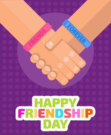Illustration of two friends who shaking hands Flat, people wearing friendship band. Friends forever on dotted backgroundのイラスト素材