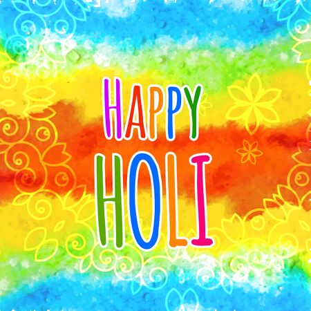 Abstract watercolor rainbow colorful Happy Holi vector illustration background with indian ornaments and flowersのイラスト素材