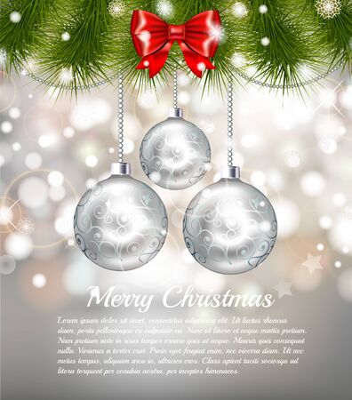 Beautiful shine elegant Christmas background with silver and white evening balls. Light Christmas Holiday background with christmas balls and bowのイラスト素材