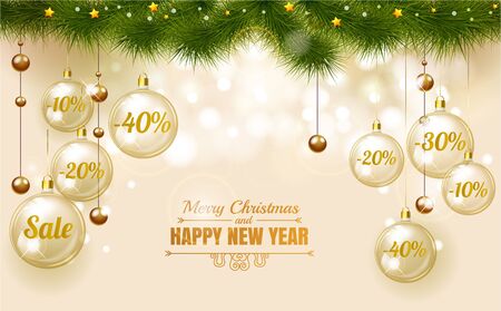 Christmas Elegant gold Design Template of Holiday Sale, Glass christmas balls on white background with snowflake stars and christmas tree, Sale 10 , 20 , 30 , 40 . Merry Christmas and happy new yearのイラスト素材