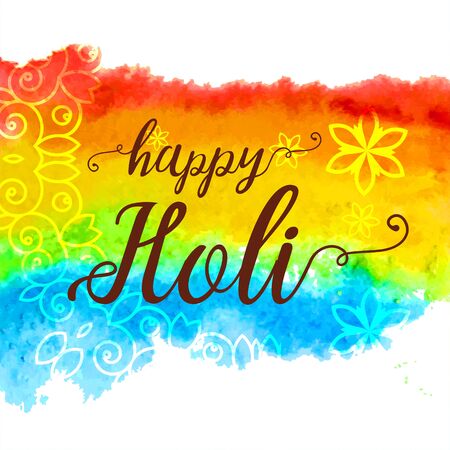 Abstract watercolor rainbow colorful Happy Holi vector illustration background with indian ornaments and flowers.のイラスト素材