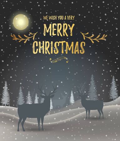 Christmas card. Holiday winter landscape. Winter christmas background with fir tree. Merry Christmas handdraw style lettering . Silhouettes of deer in a winter landscape. Vector illustration. EPS 10のイラスト素材