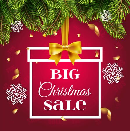 Big Christmas sale, banner gift shape with gold ribbon and bow, on red background and christmas tree with confetti and snowflakes. Brochure, greeting card or banner template. Vector illustration.のイラスト素材