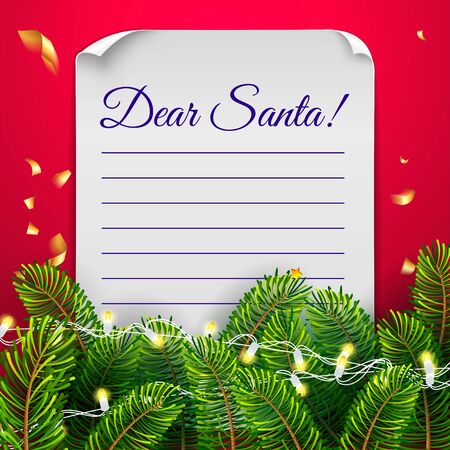 Christmas card with paper leter with round corners and lights on a red background with christmas tree, lights garland and lettering Dear Santa. Massage to Santa Claus template. Vector illustration.のイラスト素材