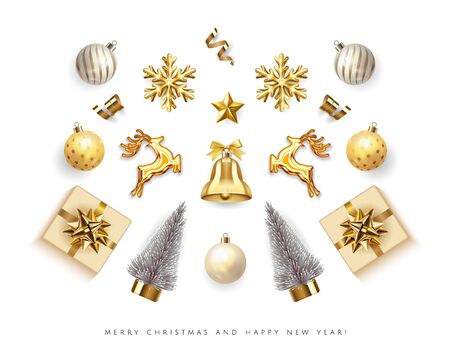 Set realistic Golden Christmas objects isolated in white background Xmas card. Merry Christmas and Happy New Year Elements gift box, bell, gold deer, Christmas balls, decorative snowflake and confettiのイラスト素材