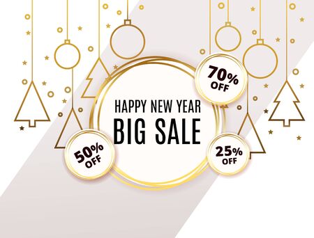 Golden Happy New Year Christmas holiday winter sale price off tag poster beige. Festive Xmas decoration gold Christmas balls , fir tree. Vector illustration banner design template EPSのイラスト素材