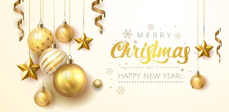 Golden Holiday Christmas ball light poster. Festive xmas decoration gold glass christmas balls and glossy snowflake, stars, hanging on the ribbon. Vector illustration banner design template EPS 10のイラスト素材