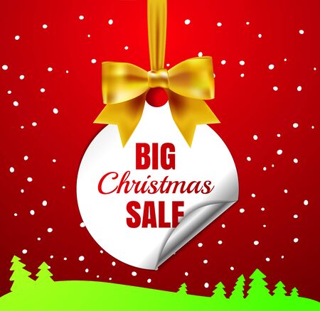 Big Christmas sale. White christmas balls with a paper round corner, gold bow and tree. Winter offer tag. New year holiday  Web-banner or poster for e-commerce, on-line cosmetics shop, store. Vectorのイラスト素材