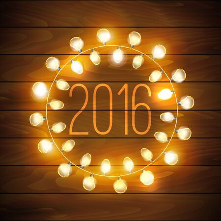 2016 Happy new year background with glowing electric garland and fir on the wood texture . Vector Holiday Illustration of Luminous Electric Garland and text.のイラスト素材