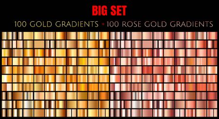 Vector big set of 100 gold and Pink rose gold gradients. Golden and rose rectangle collection of 200 gradients for design. Matallic gold and pink bronze background texture illlustrtion.のイラスト素材
