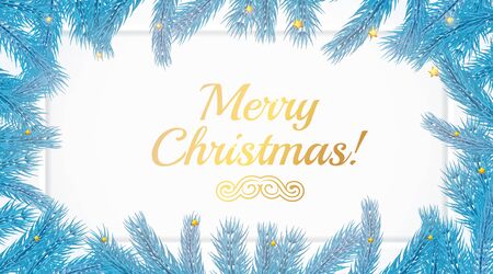 Gold Merry Christmas lettering text card on white background with blue Christmas tree branche. Golden xmas decoration text postcard template. Modern New Year lettering with snowflakes and branches.のイラスト素材