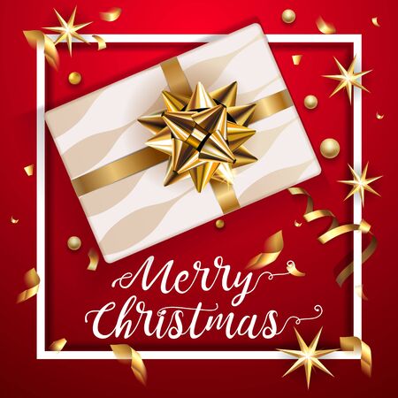 White gift box with a beautiful gold bow. Merry Christmas and Happy New Year greeting card. Vintage Background With Typography and Decoration Elements card Vector, eps 10のイラスト素材