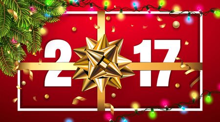 Vector 2017 Happy New Year background with golden gift bow, fir tree and confetti, light garland and...