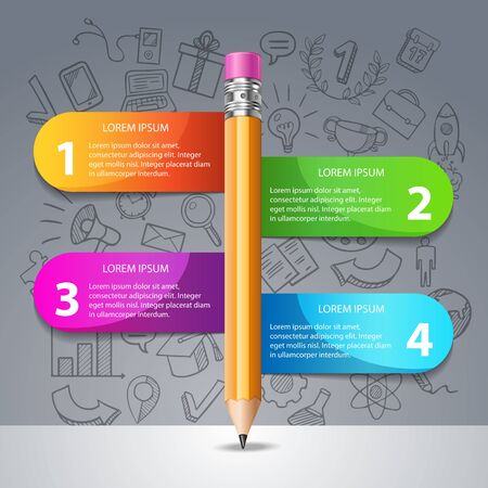 Creative Template with pencil and colored ribbon. Vector pencil illustration for infographics. Gray background with hand drawn iconsのイラスト素材