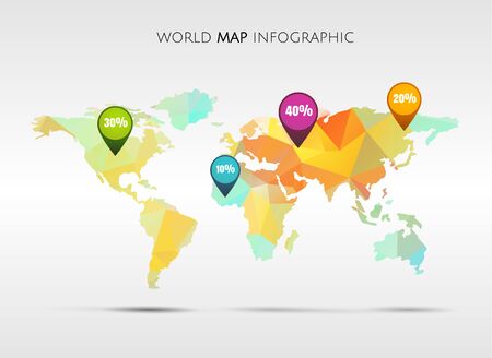 Abstract world colored triangle map with markers, points and destinations