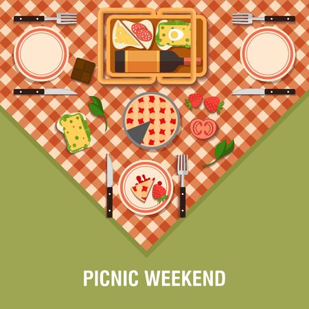 Vector family picnic flat glade illustration. Food and pastime icons. Flat. Food object, picnic items. Design of invitation card. Creative holiday banner . Natural ingredients on tableclothのイラスト素材