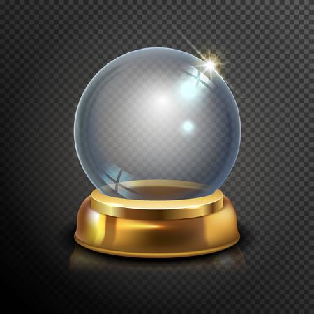 Magic crystal ball of glass and gold . Empty snow globe. White transparent glass sphere on a stand. Vector christmas glass ball on transparent background. Transparent object for design, mock-up.のイラスト素材