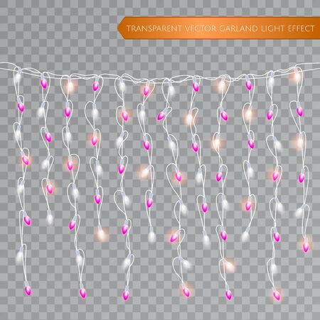 Christmas realistic lights isolated design elements. Glowing lights for Xmas Seasonal Holiday greeting card design. LED neon Garlands decorations template on a transparent background. Vector EPS 10のイラスト素材