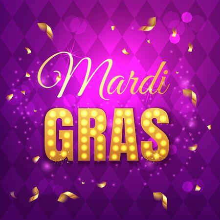 Vector typographical illustration of Mardi Gras beauty purple background with rhombus texture and multicolored festive flags, confetti. Celebration greeting card.のイラスト素材