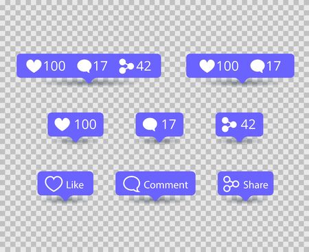 Share, like, comment icons for social network isolated on transparent background with shadow. Blue bubble notification icon set for websites, blog, mobile interfaces . Vector social mediaのイラスト素材