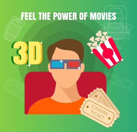Man watching a 3D movie at cinema flat design illustration. Trendy concept design of movie watching with red and blue glasses human with tickets and popcorn . Ideal for web, graphic and motion design.のイラスト素材