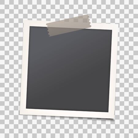 Realistic photo frame with shadow on transparent isolated background, Empty photography snapshot template with adhesive tape. Mock up for vintage stylish photos or imagesのイラスト素材