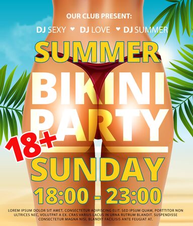 Summer beach bikini or pool party flyer with pretty realistic young sexy woman bottom and erotic back in bikini on beach in summer with palm leaf. Adult holiday vacation party 18 Vector illustrationのイラスト素材