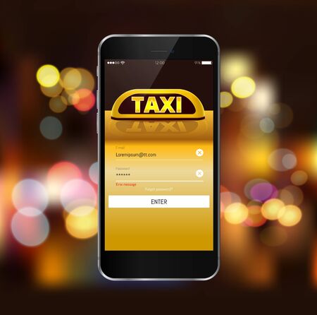 Smart taxi service application concept, yellow cab, car with neon taxi sign. Mobile phone concept, mock-up taxi app. Vector illustrationのイラスト素材