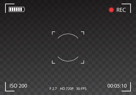 Vector Black transparent camera rec interface viewfinder with digital focus and exposure settings. Screen photography frame. Focusing screen zoom, battery status, video quality, Image stabilizationのイラスト素材