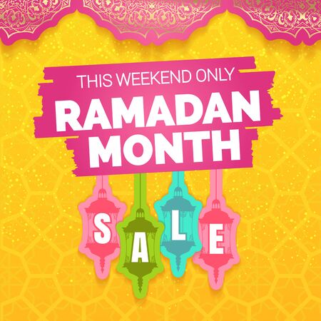 Ramadan Kareem month sale offer, banner template. Colored lamps with lettering, isolated on yellow background with arabic seamless. Ramadan lamp sale tags. Shop market poster design. Vectorのイラスト素材