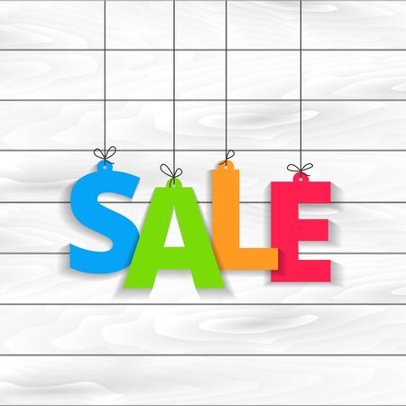 Sale hanging on the thread colored letters tag banner on wooden white background. Web banner or poster for e-commerce, on-line cosmetics shop, fashion and beauty shop, store. Vector illustrationのイラスト素材