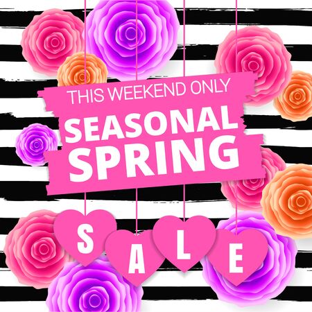 Seasonal spring sale offer, banner template. Blue and purple roses and heart with lettering, isolated on white stripes background. Flowers and Heart sale tags. Shop market poster design. Vectorのイラスト素材
