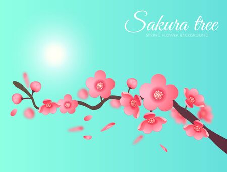 Sakura Vector flower branch element in the sky with sun. Elegant texture for backgrounds. 3D elements Paper cutのイラスト素材