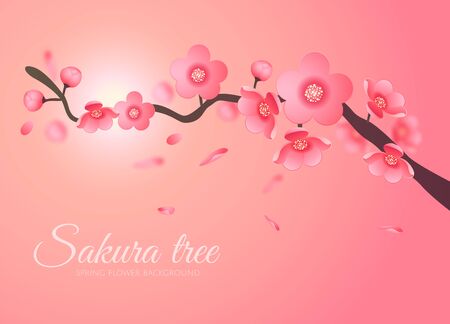 Sakura Vector flower branch element in the sky with sun. Elegant texture for backgrounds. 3D elements Paper cutのイラスト素材