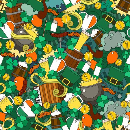 Fun, bright and original Saint Patricks Day greeting pattern , made in the doodle style. Vector. St Patrick icons of clover, hat, mug of beer, coins, ireland flag.のイラスト素材