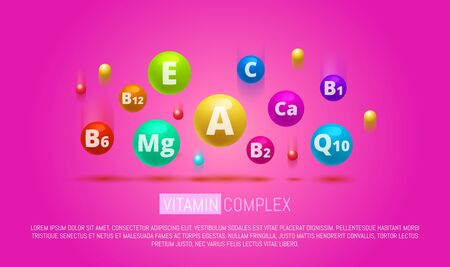 Vitamin Complex Colorful Vector pills capcule. Different vitamins icon in bright rainbow colors. Ca, group B, vitamin A, E, Q10. Meds for heath ads. Medical image.Vector illustrationのイラスト素材