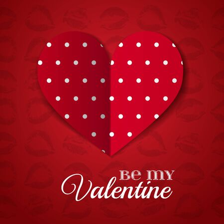 Red paper dotted heart Valentines day card with sign on red kiss lips background. Be my Valentine.のイラスト素材