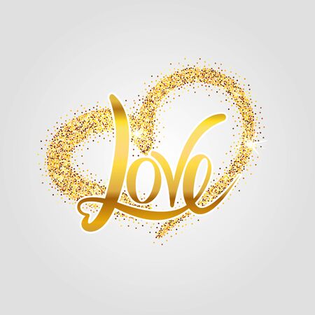 Love lettering poster with gold glitter hand drawn heart on white backgroundのイラスト素材