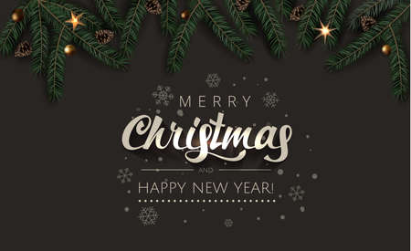 Christmas Celebration tree branches with fir-cones, gold stars and gold beads on Rich Dark background. Merry Christmas and Happy New Year Greeting card illustration.のイラスト素材