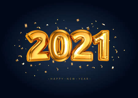 Happy New Year 2021 Banner with Golden Luxury Balloon Foil Text Gold Glowing Numbers isoalted on...