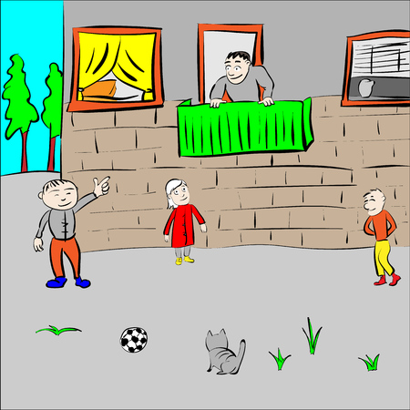 Children play in the yardの写真素材